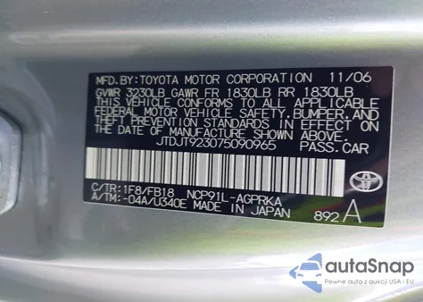 2007 Toyota Yaris из США, поврежденный, VIN JTDJT923075090965